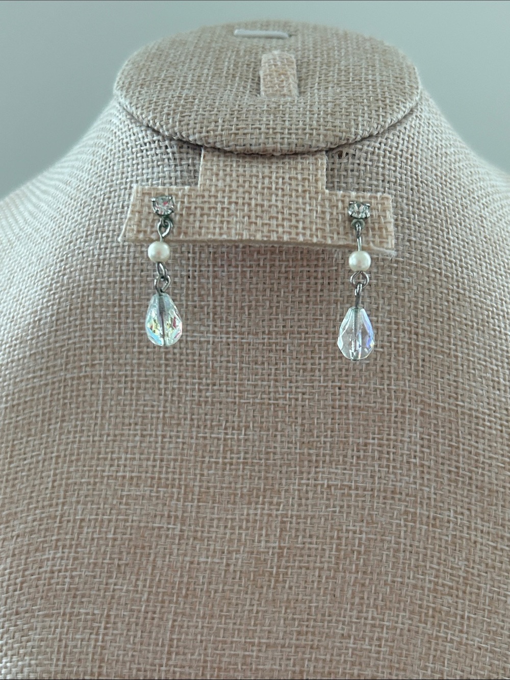Vintage Faux Pearl and Rhinestone Silvertone Dangling Earrings